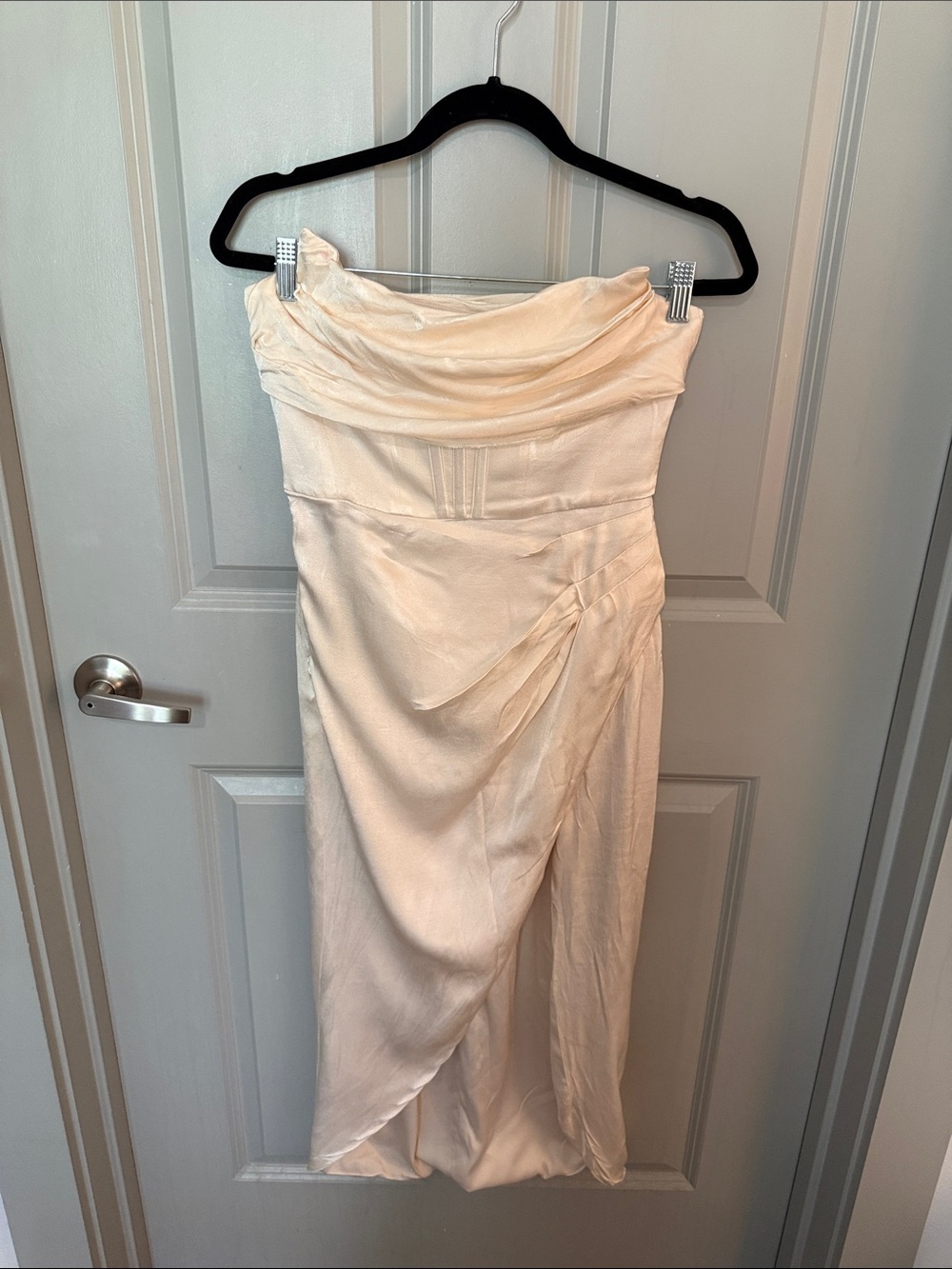 REVOLVE Strapless Cream Draped Midi Dress